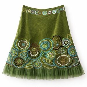 Basil & Maude Embellished Green Beaded Floral Skirt Size 6 Boho Y2K
